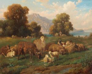 REINHARDT Louis, Ludwig 1849-1870,A flock of grazing sheep with a shepherd and the ,Bruun Rasmussen 2023-05-29