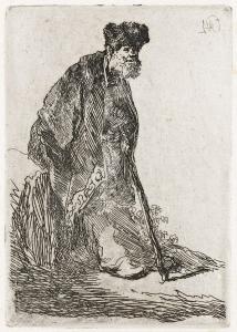 REMBRANDT 1606-1669,Man in Coat and Fur Cap Leaning against a Bank,1630,Swann Galleries 2024-04-18