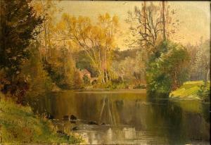 RENARD Mary 1849-1925,Paysage de bord de rivière arborés, une maison dan,1898,Sadde FR 2023-04-28