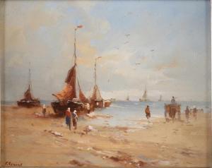 RENARD P 1900-1900,Hollands strandgezicht met bomschuiten en vissersv,Twents Veilinghuis 2020-04-23