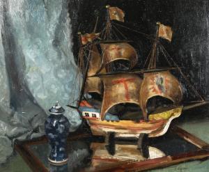 RENDELL Joseph Fred. Percy 1872-1955,a study of a model ship and ornamental blue and,John Nicholson 2020-11-04