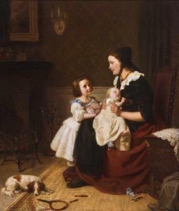 RETHEL Otto 1822-1892,Familienidyll. Junge Frau mit zwei Kindern in Interieur,Zeller DE 2020-04-07