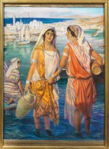 REUSCH Josef 1887-1976,Tunesische Wasserträgerinnen vor einer Hafenstadt,1932,Schloss DE 2021-05-08