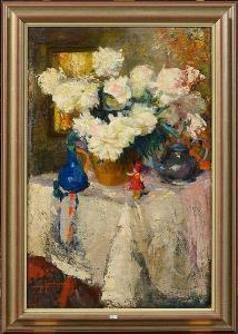 REVELARD René 1880-1965,Vase de pivoines blanches sur une table,VanDerKindere BE 2017-04-25