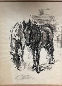 REY VILA José Luis 1910-1983,deux chevaux au repos, deux enfants et un cheval d,Daguerre 2024-03-28