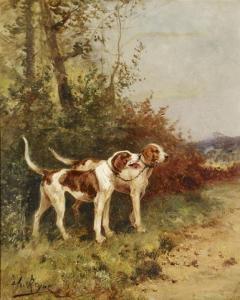 REYNE Charles 1873-1917,Deux chiens de chasse près d'un bosquet,Julien Debacker FR 2018-02-17