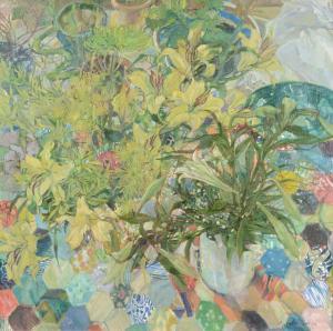 RHODES Carol 1959,Flowers on patchwork table cloth,Dreweatts GB 2015-01-29
