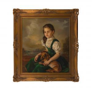 Ribera Gómez Francisco,A portrait of a young girl holding a dachshund,1956,Bonhams 2022-04-05