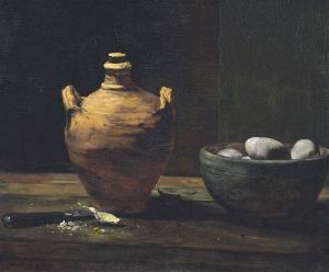 RIBOT Theodule Augustin,Still Life with Eggs, Garlic, and a Ceramic Jug,Christie's 2017-10-31