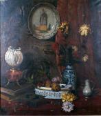 RICHARD Victor 1800-1800,NATURE MORTE AU VASE DE FLEURS, À LA LAMPE À PÉTRO,Pillon FR 2012-02-05