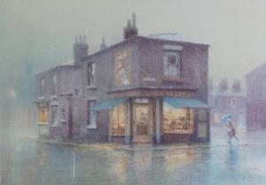 RICHARDSON Bob 1938,Rainy street scene with corner shop and figure wit,Capes Dunn GB 2013-10-15