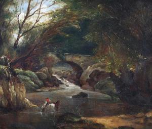 Richardson C,River valley and bridge with rider and horses watering,1867,Morphets GB 2023-03-09