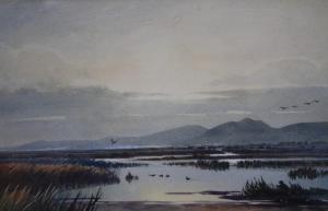 RICHARDSON Henry Hughes,Marshland scene at twilight with ducks and hunter,Cuttlestones 2019-12-04