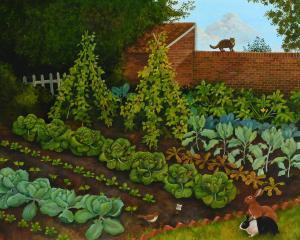 RICHES Lizzie 1950,A vegetable garden with rabbits, a wren and a cat,Woolley & Wallis GB 2022-12-14
