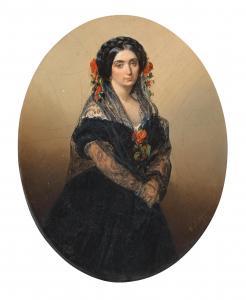 RICHTER Wilhelm,Bildnis einer Dame in schwarzem Kleid mit Rosen,1854,Palais Dorotheum 2023-06-26