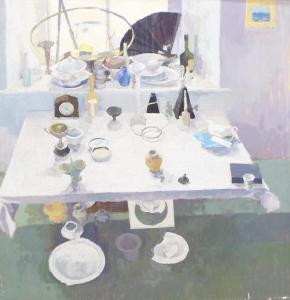 RICKMAN TOM,Interior scene with pottery and other objects upon,1995,Gardiner Houlgate 2020-11-26