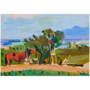 RIEDLIN Adolf 1892-1969,Harvesting farmers with horse and the Blauen,1933,Kaupp DE 2022-11-26