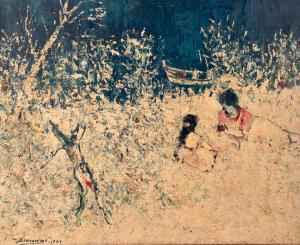 RIERA 1955,Femme et enfant assis sur la berge,1959,Daguerre FR 2022-06-03