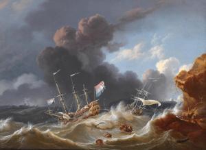 RIETSCHOOF Hendrik 1687-1746,A Dutch Man-of-War and other boats in a stormy sea,Bonhams 2023-04-04