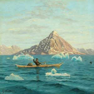 RIIS CARSTENSEN Andreas Christian 1844-1906,Greenlandic landscape with hunting seal,Bruun Rasmussen 2015-12-14