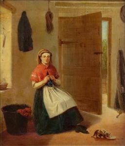 RILEY C,A seated woman knitting with a cat by ,19th Century,Bellmans Fine Art Auctioneers 2019-05-01