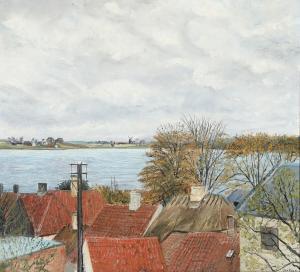 RING Ole 1902-1972,A view over the roofs towards Roskilde fiord,Bruun Rasmussen DK 2023-08-21