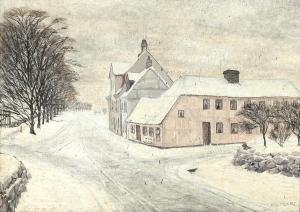 RING Ole 1902-1972,View from a small town with snow covered houses,Bruun Rasmussen DK 2024-01-08