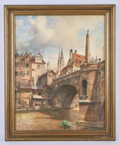 RITTER Lorenz 1832-1921,German townscape with river running under bridge,Ewbank Auctions 2022-09-22