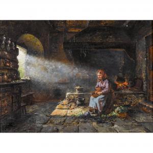 RITZ Rafael 1829-1894,Kücheninterieur mit Frau beim Brotschneiden,1887,Dobiaschofsky CH 2015-11-04