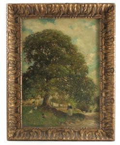 Rixon W. A,rural view of figure and chickens under a large tree,Serrell Philip GB 2018-07-05