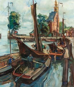 RIZEK Emil,Harbour of Hoorn, with the Hoofdtoren,1953,AAG - Art & Antiques Group 2023-06-19