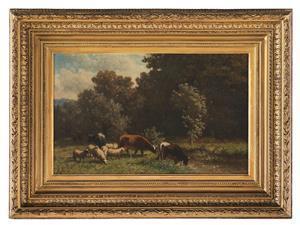 ROBBE Louis 1806-1887,Cows and Sheep Grazing by a Stream,New Orleans Auction US 2022-10-08