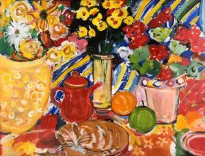 ROBERTS Glenda 1900-1900,Still Life Flowers & Tea Pot,1992,International Art Centre NZ 2019-11-27