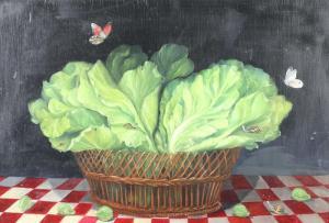 ROBERTS Mimi,still life study of a basket of lettuce leaves with ladybird,Denhams GB 2024-02-21