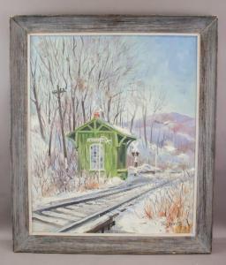 ROBERTS Tom 1856-1931,train tracks in the snow with a green train station,888auctions CA 2023-02-09