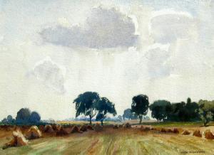 ROBERTSON HUGH DOUGLAS 1900-1996,Hay Stooks in Treed Landscape,Westbridge CA 2022-10-29