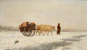 ROBINET Gustave Paul 1845-1932,Snowy landscape with ox cart and figure,Zeeuws NL 2021-06-08