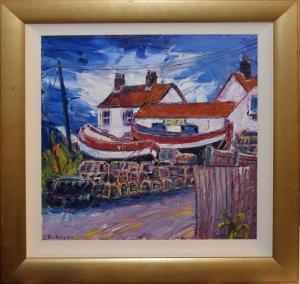 ROBINSON Paul 1959,Norfolk scene with fishing boats by a cafe,Keys GB 2021-02-24