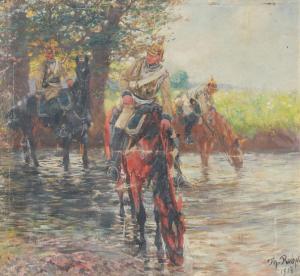 ROCHOLL Theodor Rudolf 1854-1933,Soldiers on Horseback Crossing a Stream,1913,Burchard US 2012-10-21