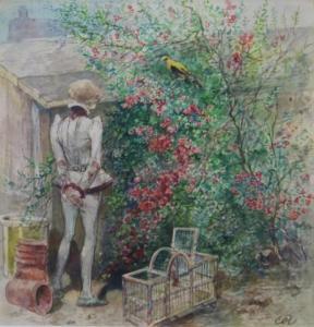 ROCHUSSEN Charles 1824-1894,Knaap met vogelkooi in bloementuin,Venduehuis NL 2021-02-28