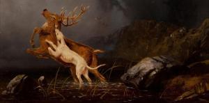 ROE Robert Henry 1822-1905,DOG ATTACKING A STAG IN THE HIGHLANDS,1905,McTear's GB 2012-06-05