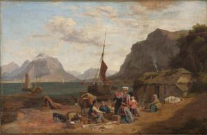 ROGERS Phillip Hutchins,Kustlandskap med rastande sällskap vid båt,1846,Lilla Bukowskis 2009-06-15