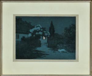 ROGGE Emy 1866-1933,Katze vor einem Bauernhaus bei Nacht,Allgauer DE 2018-01-11