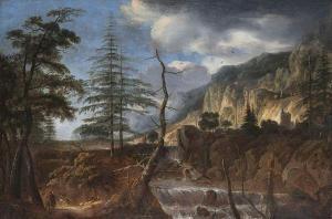ROGHMAN Roeland 1597-1686,Bergachtig landschap met reizigers bij waterval,Bernaerts BE 2017-05-02