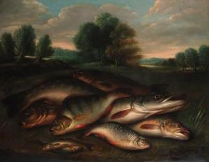ROLFE Henry Leonidas,A pike, a tench, salmon, trout and perch on a rive,Christie's 1999-11-26