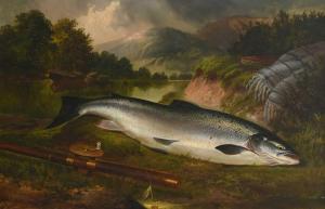 ROLFE Henry Leonidas,A trout and fishing rod lying on a bank,1878,Woolley & Wallis 2023-09-05