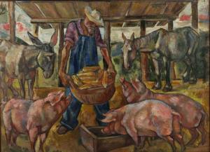 ROMANO GLICENSTEIN Emanuel 1897-1984,farmer feeding animals,Ripley Auctions US 2023-10-07