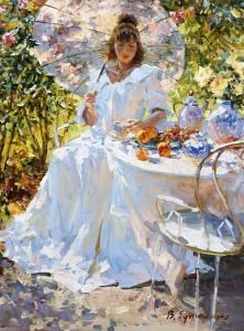 ROMANOVITCH LEFIMENKO Viktor,Young lady with parasol seated at a table before a,Bonhams 2011-07-07