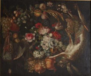 ROMERO Juan Bautista 1756-1804,Perdrix et lièvre encadrant un bouquet de fleurs.,Ferri FR 2018-11-30