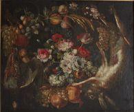 ROMERO Juan Bautista 1756-1804,Perdrix et lièvre encadrant un bouquet de fleurs,Ferri FR 2019-03-29